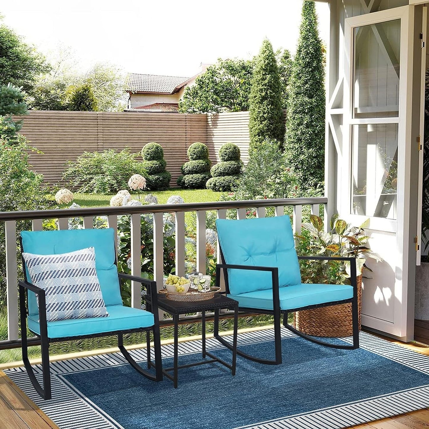 Set da bistrot a dondolo per patio da esterno in metallo nero SUNCROWN da 3 pezzi