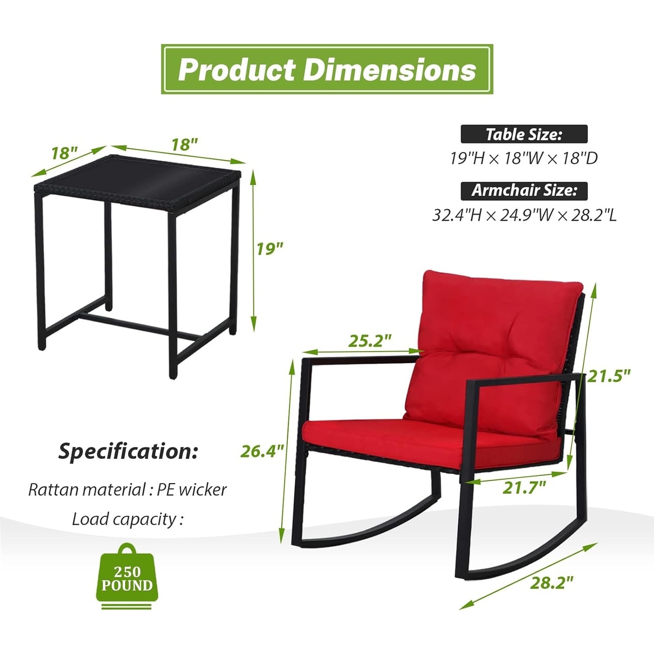 Set da bistrot a dondolo per patio da esterno in metallo nero SUNCROWN da 3 pezzi