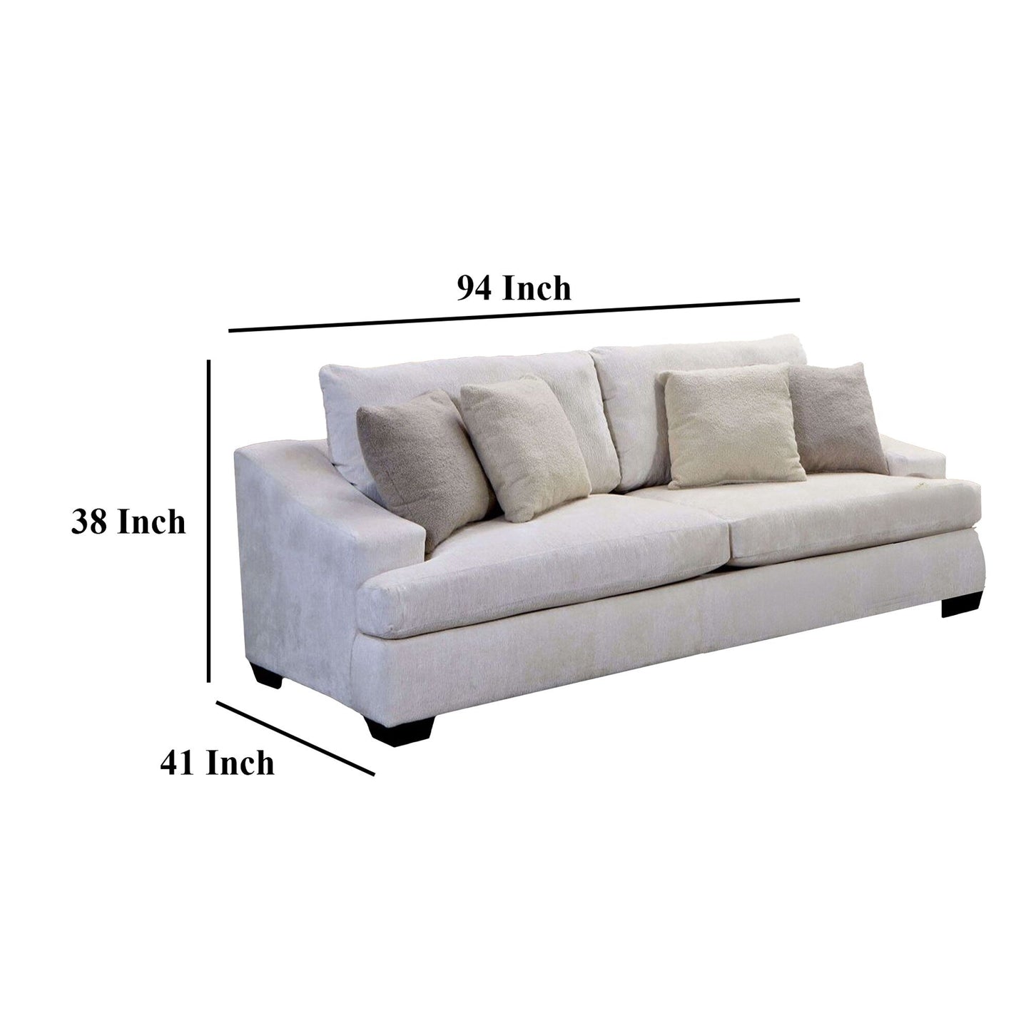 Divano Sham, ciniglia avorio, 4 cuscini decorativi, struttura in legno massello, 94 pollici