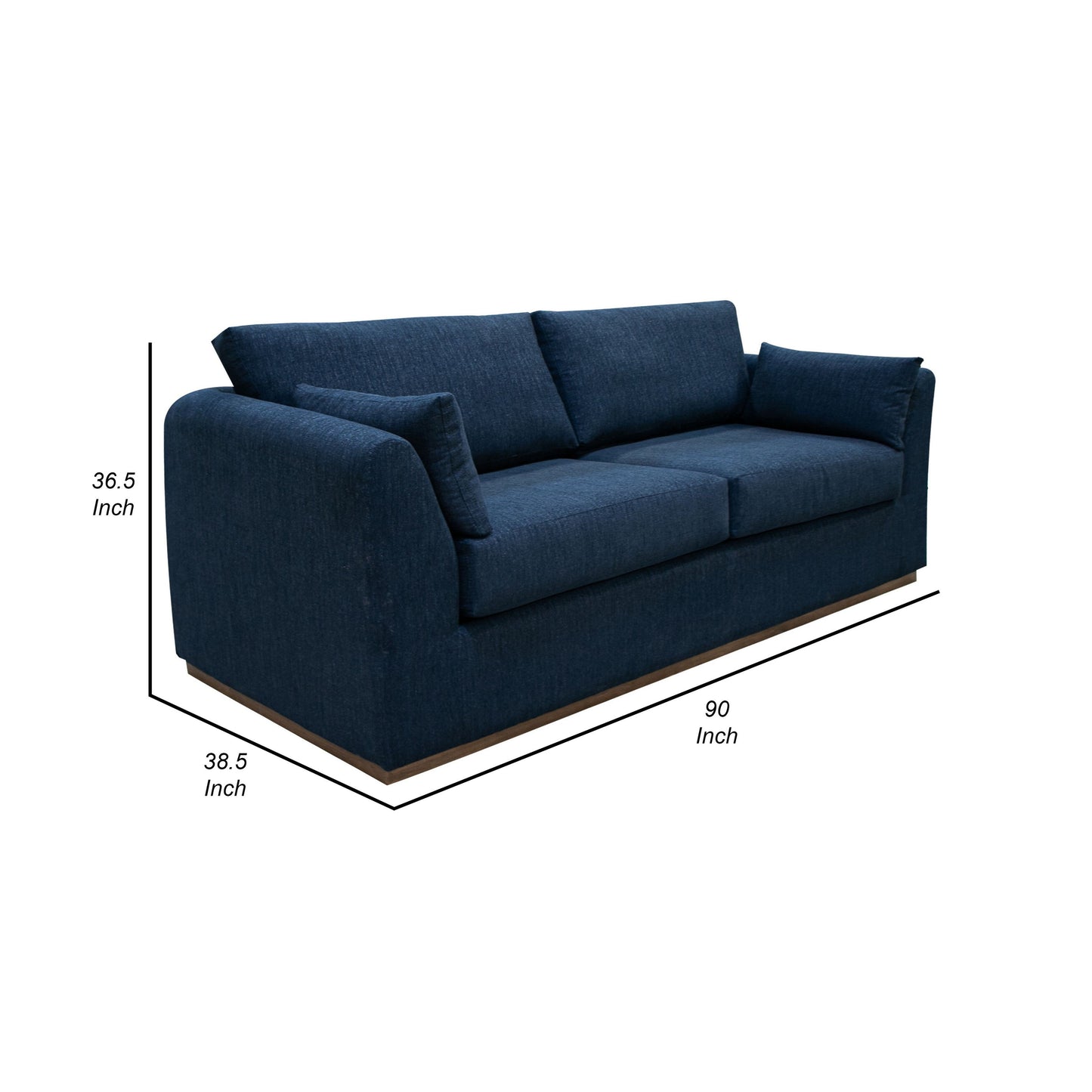 Divano Sian, poliestere blu navy, 2 cuscini decorativi, legno di pino massello, 90 pollici