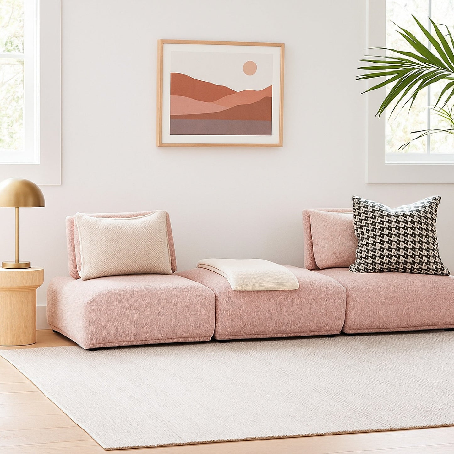 Divano modulare Stavan a 2 posti, pouf, bouclé rosa, schienali regolabili