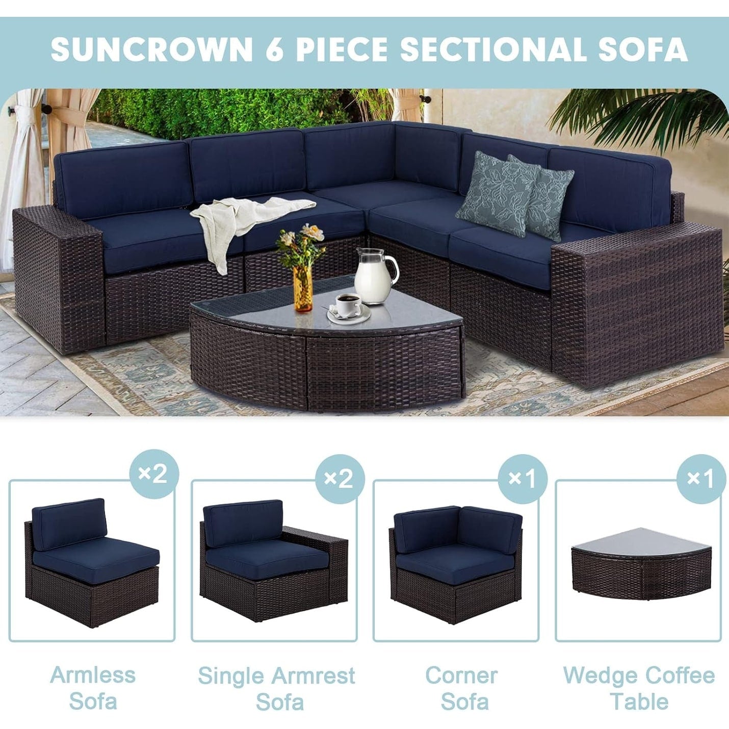 Set di divani componibili in rattan marrone da 6 pezzi Suncrown per esterni con tavolo