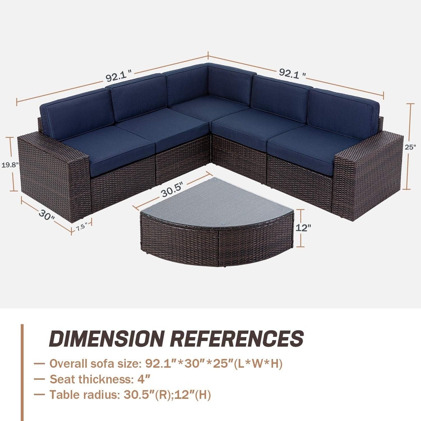 Set di divani componibili in rattan marrone da 6 pezzi Suncrown per esterni con tavolo