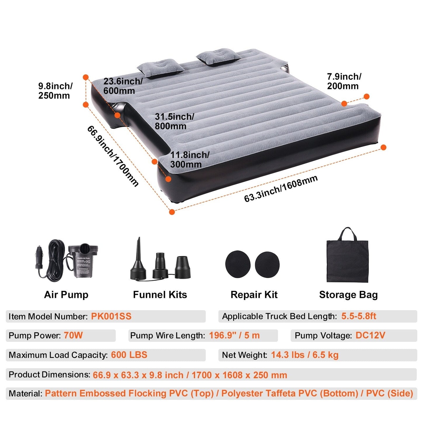 Materasso ad aria per cassone di camion, per cassoni di camion corti da 5,5-5,8 piedi, materasso ad aria gonfiabile da campeggio con pompa ad aria da 12 V