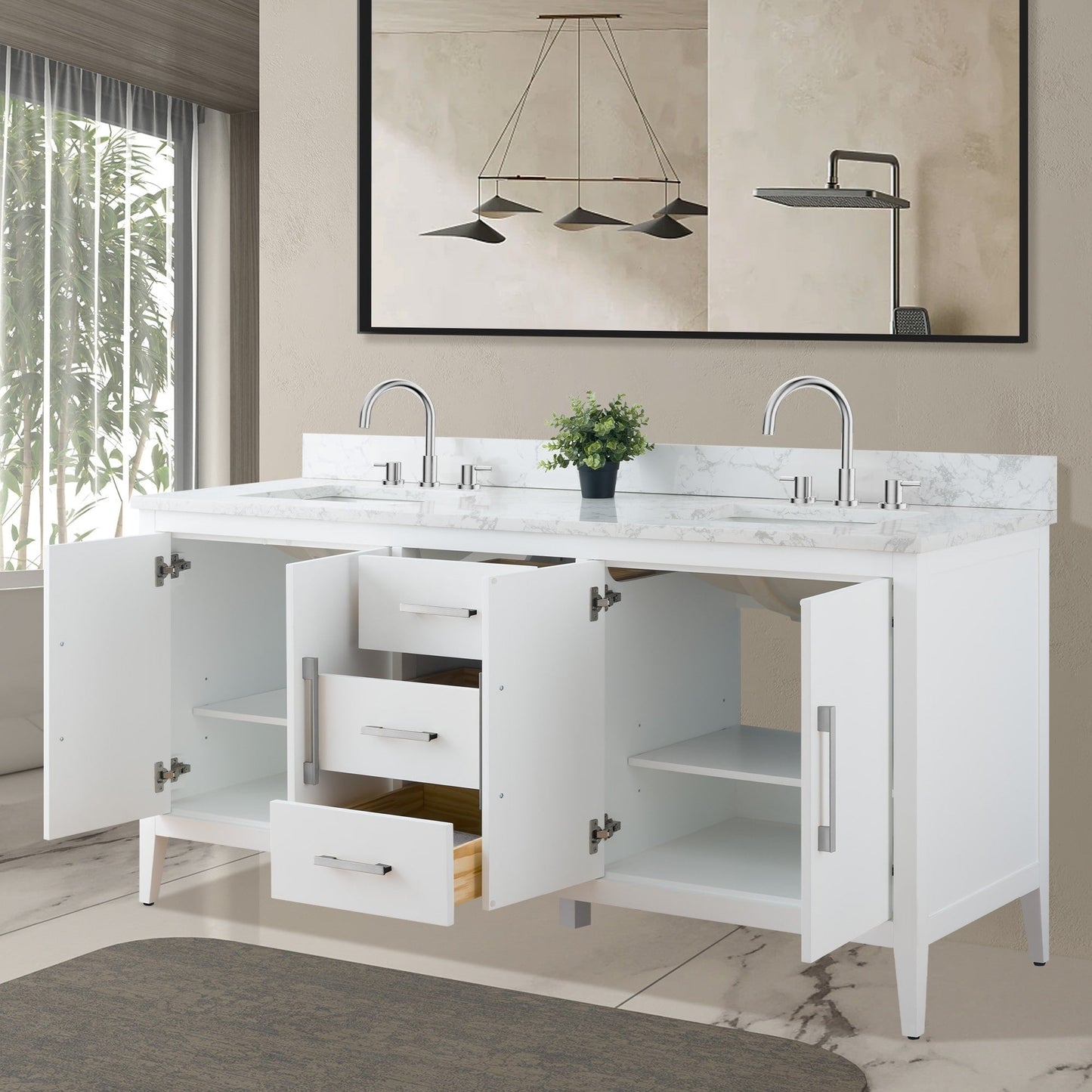 Mobiletto per lavabo da bagno Vanity Art 72 con doppio lavabo e piano in marmo ingegnerizzato