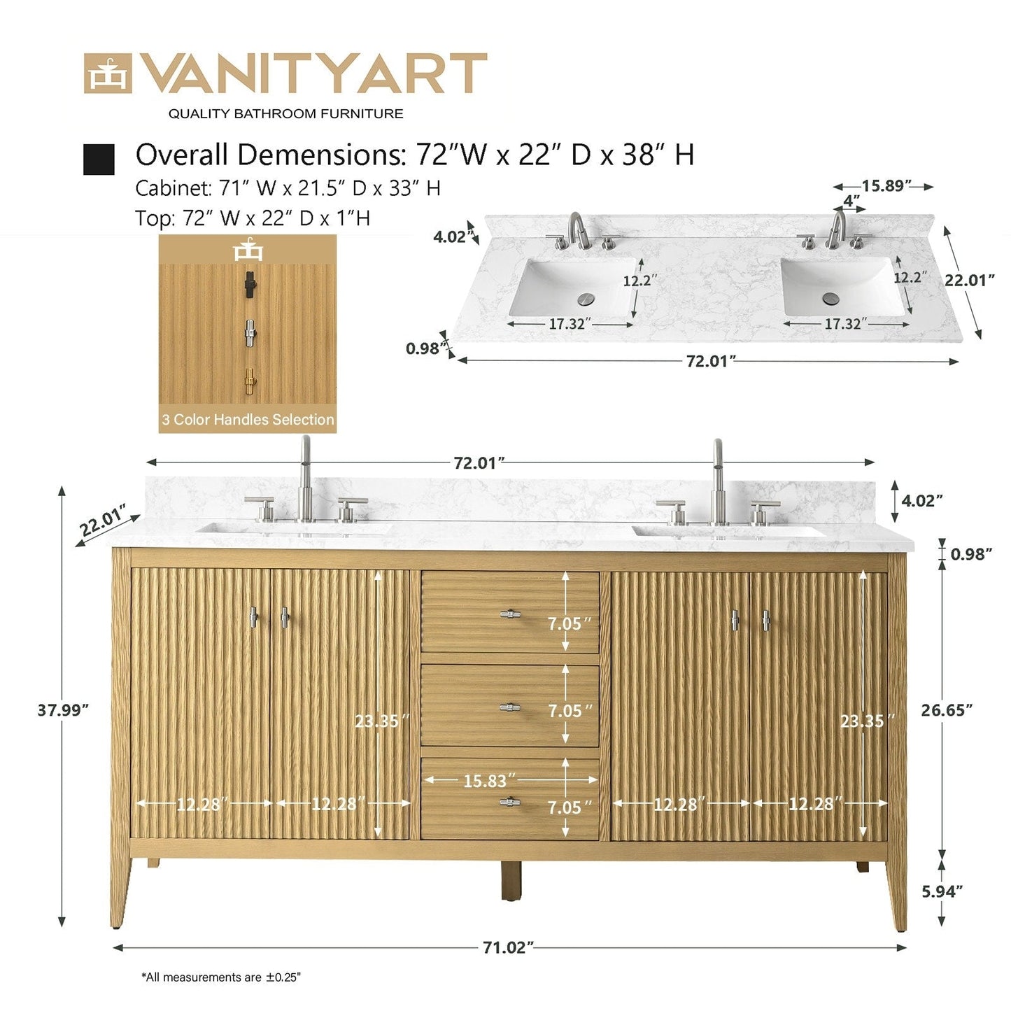 Mobiletto per lavabo da bagno Vanity Art 72 con doppio lavabo e piano in marmo ingegnerizzato