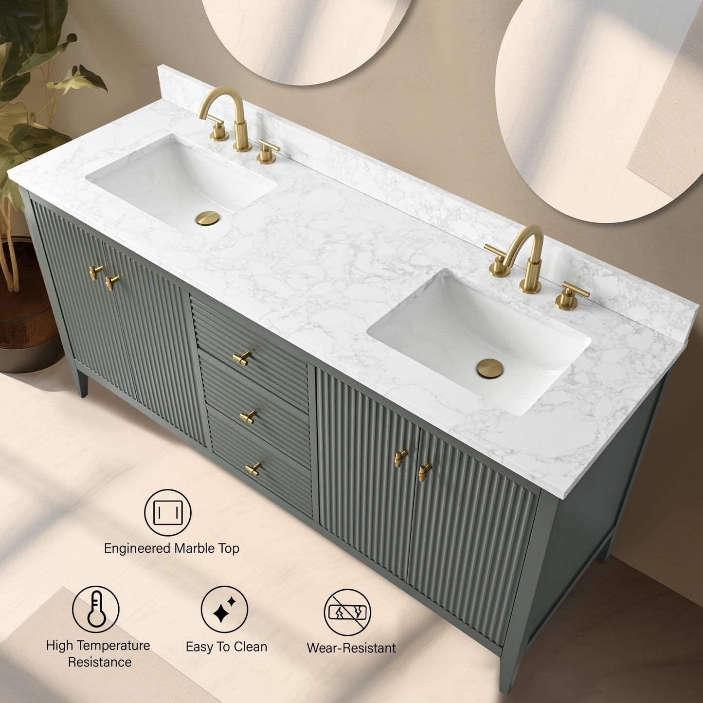 Mobiletto per lavabo da bagno Vanity Art 72 con doppio lavabo e piano in marmo ingegnerizzato