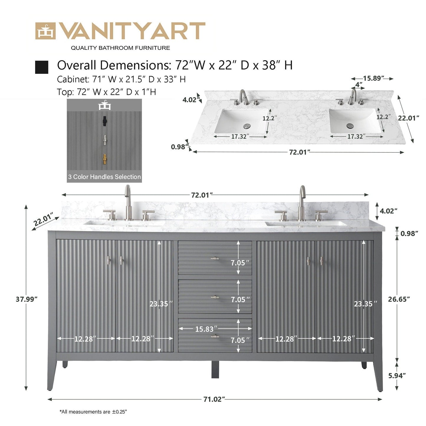 Mobiletto per lavabo da bagno Vanity Art 72 con doppio lavabo e piano in marmo ingegnerizzato