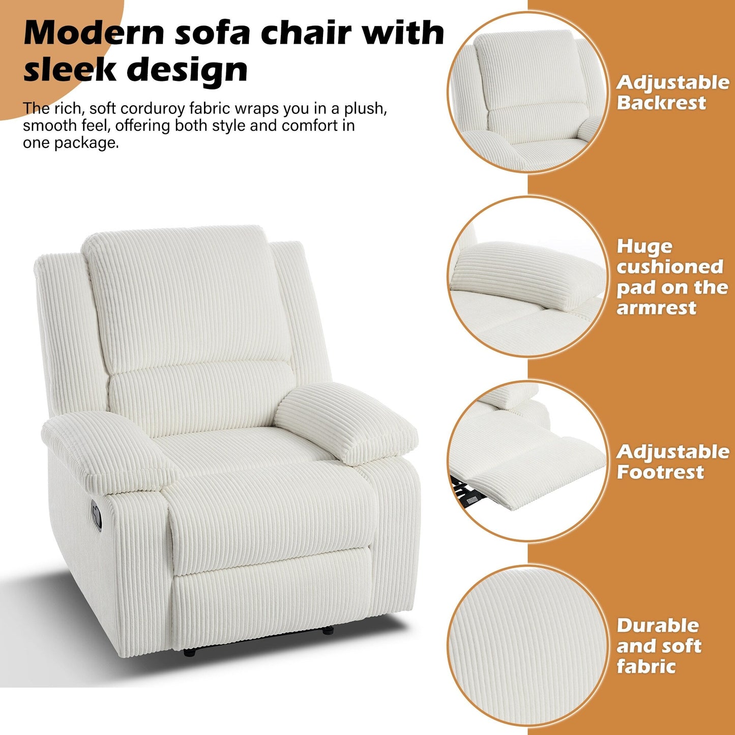 Poltrona reclinabile manuale con schienale a spinta imbottita in pelle vegana