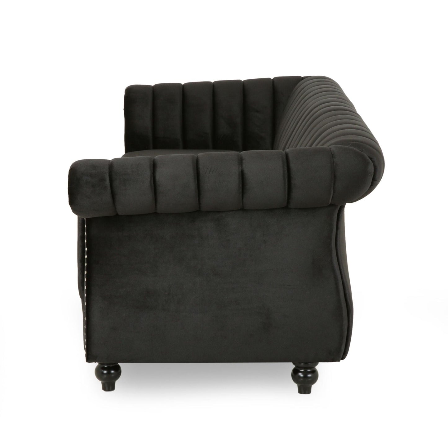 Divano a 3 posti in velluto con braccioli arrotolati e trapuntatura a bottoni