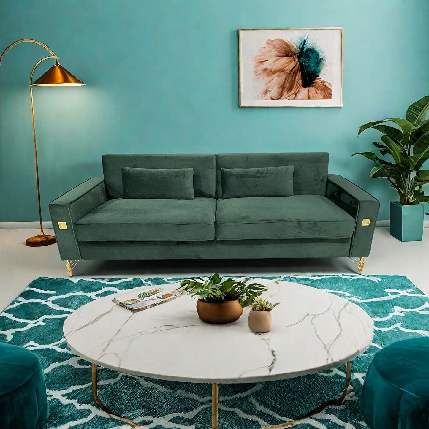 Divano a 3 posti in velluto con dettagli dorati