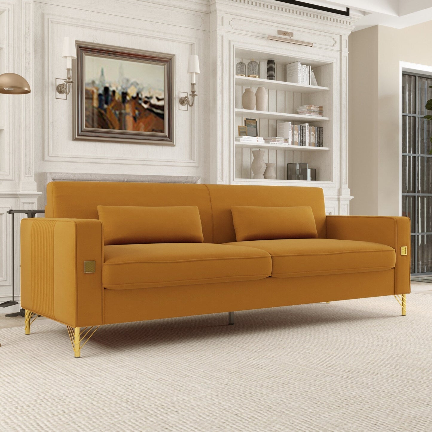 Divano a 3 posti in velluto con dettagli dorati