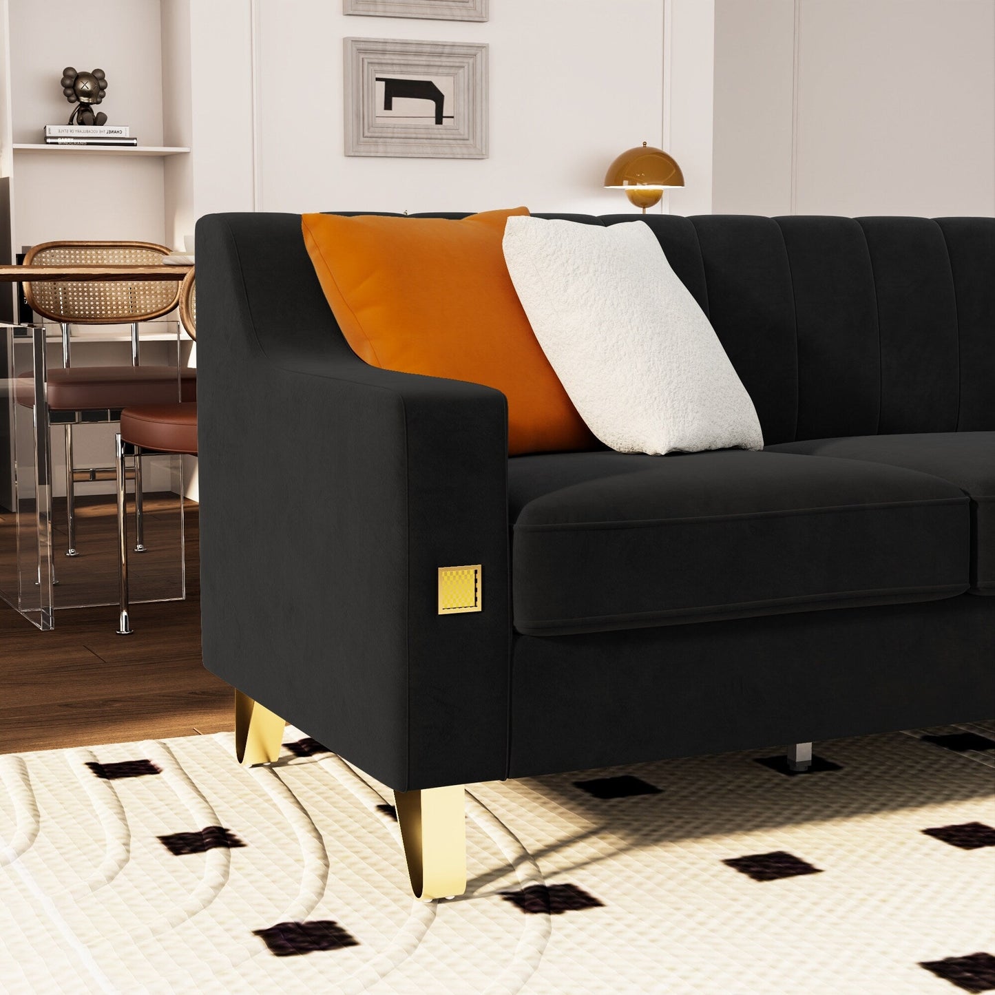 Divano a 3 posti in velluto con dettagli dorati