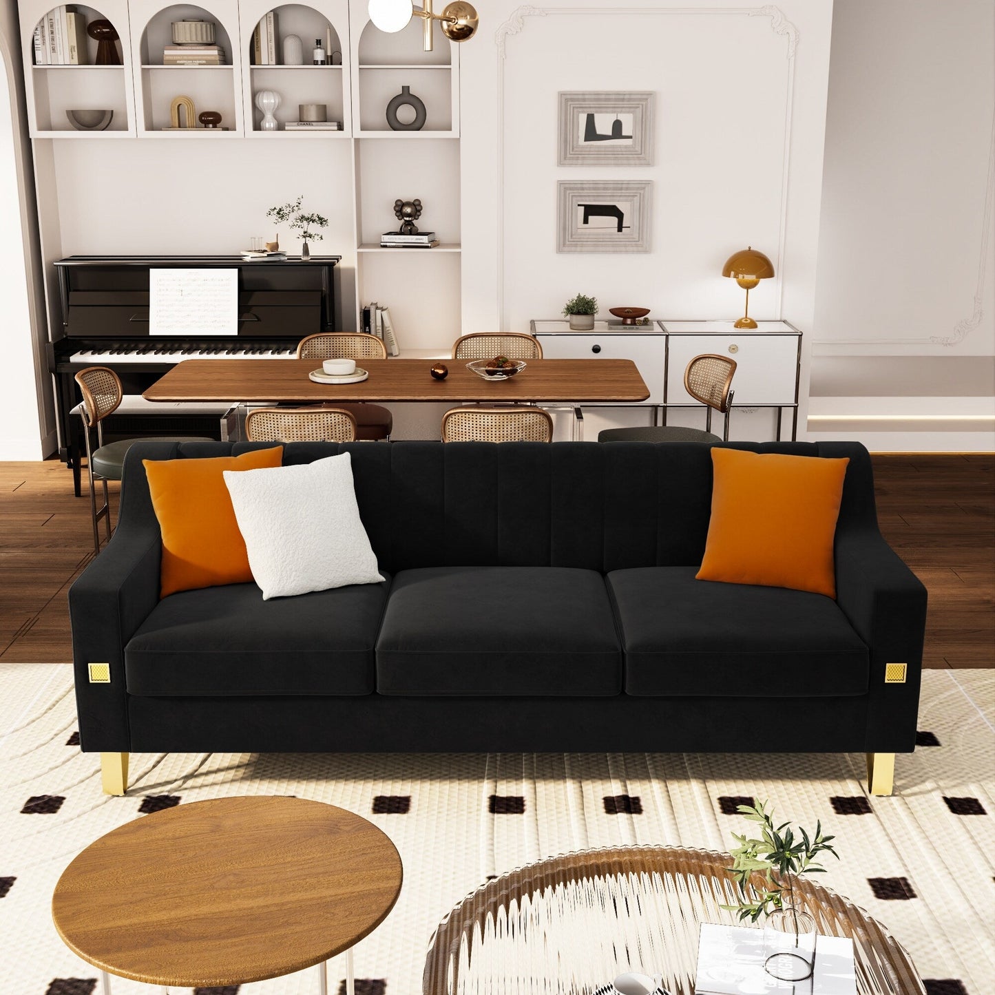 Divano a 3 posti in velluto con dettagli dorati