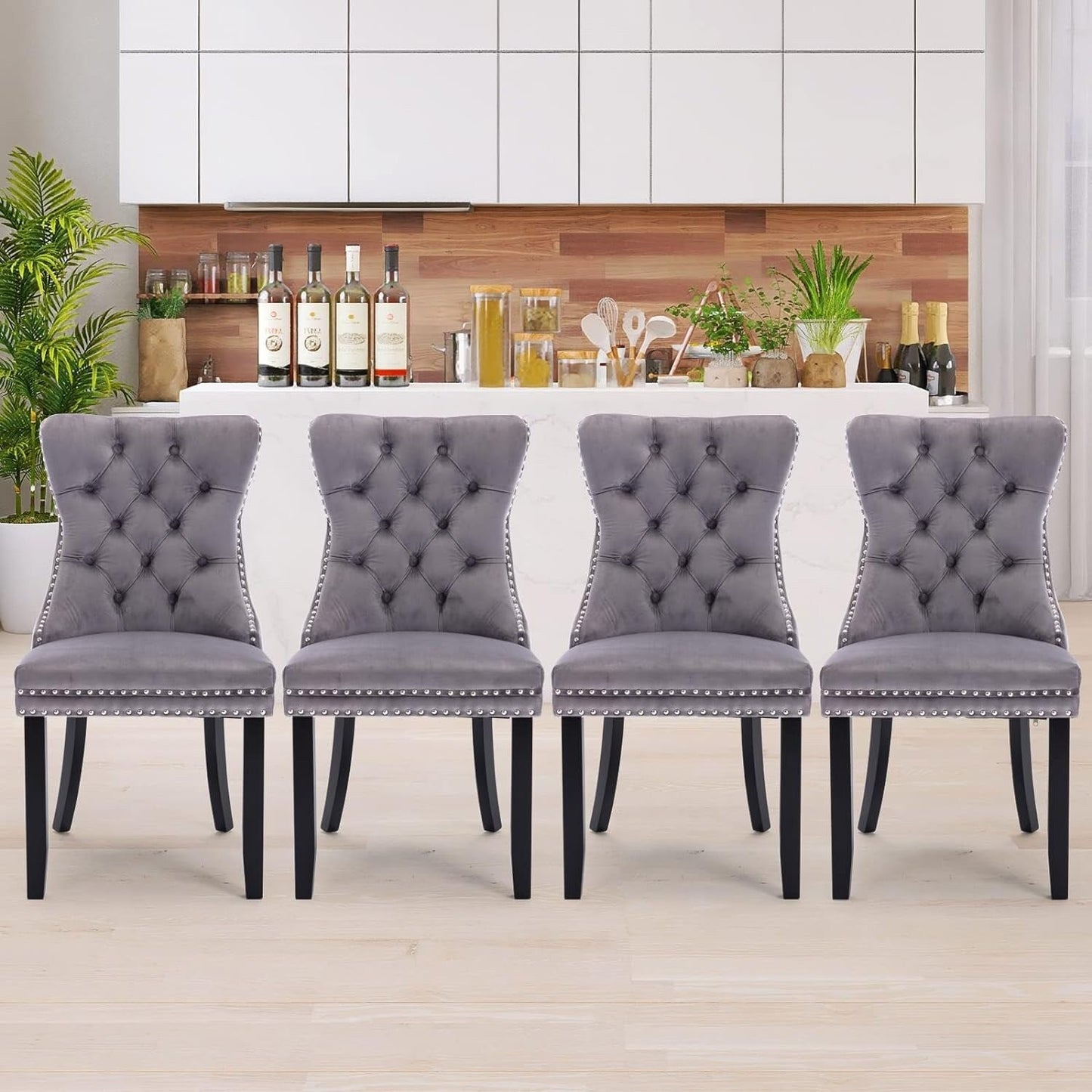 Set di 2 sedie da pranzo in velluto, sedie da pranzo trapuntate con schienale a borchie e anello di chiusura - 25,5×19,7×37,4 pollici