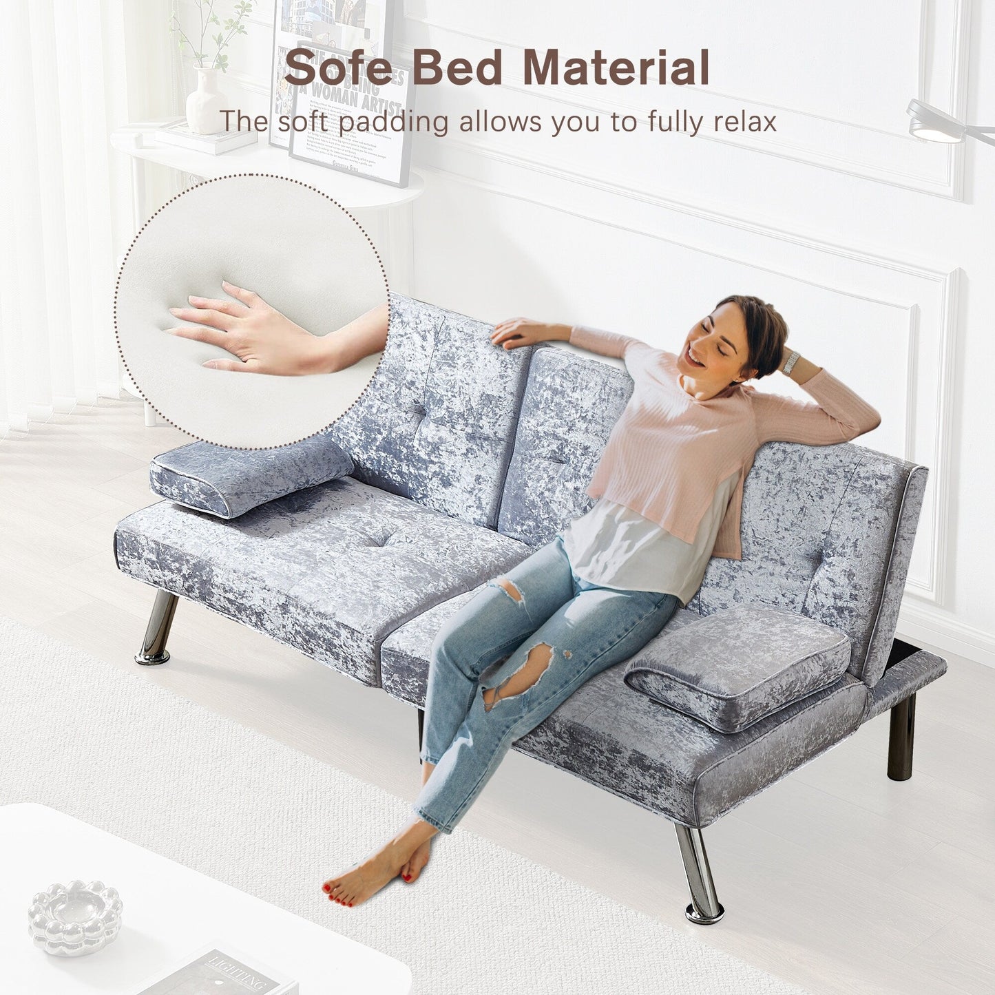 Divano letto futon in velluto con portabicchieri