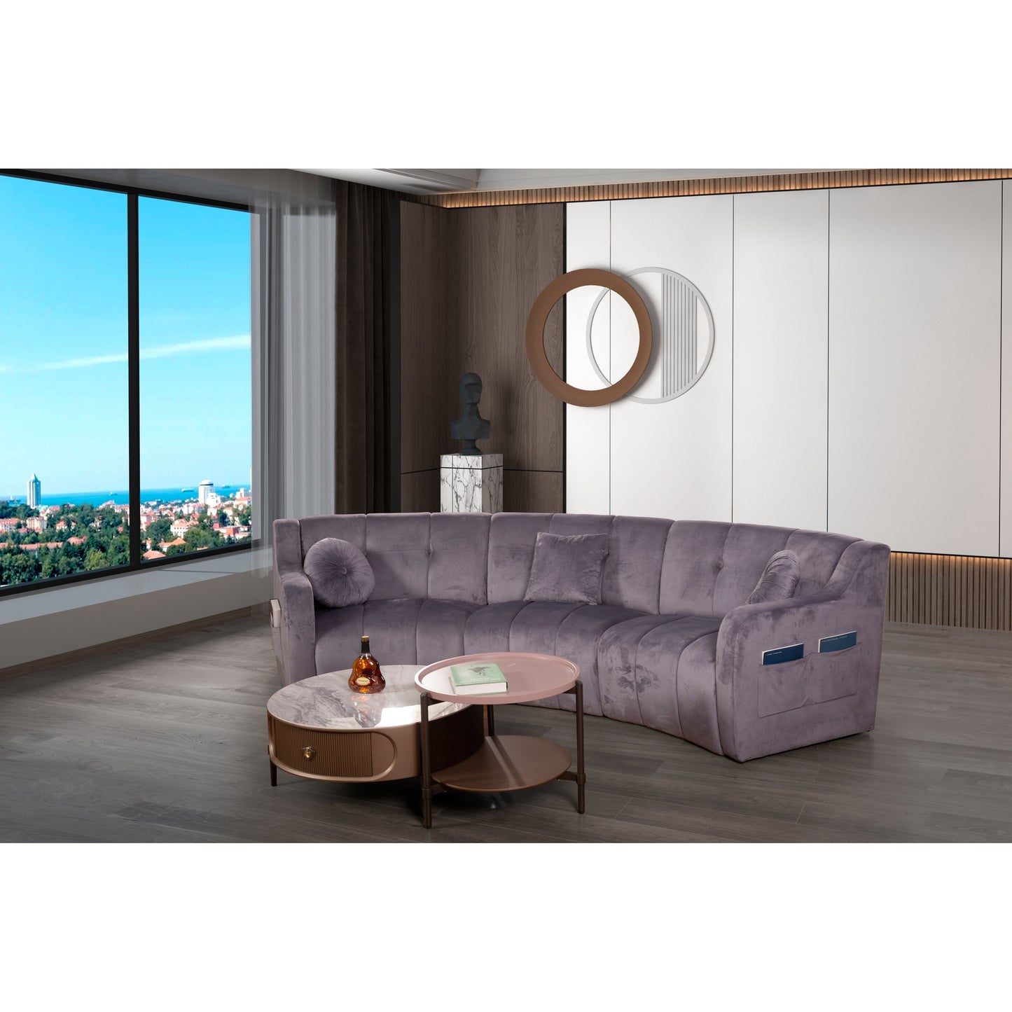 Divano modulare da pavimento simmetrico curvo senza gambe in velluto - 127