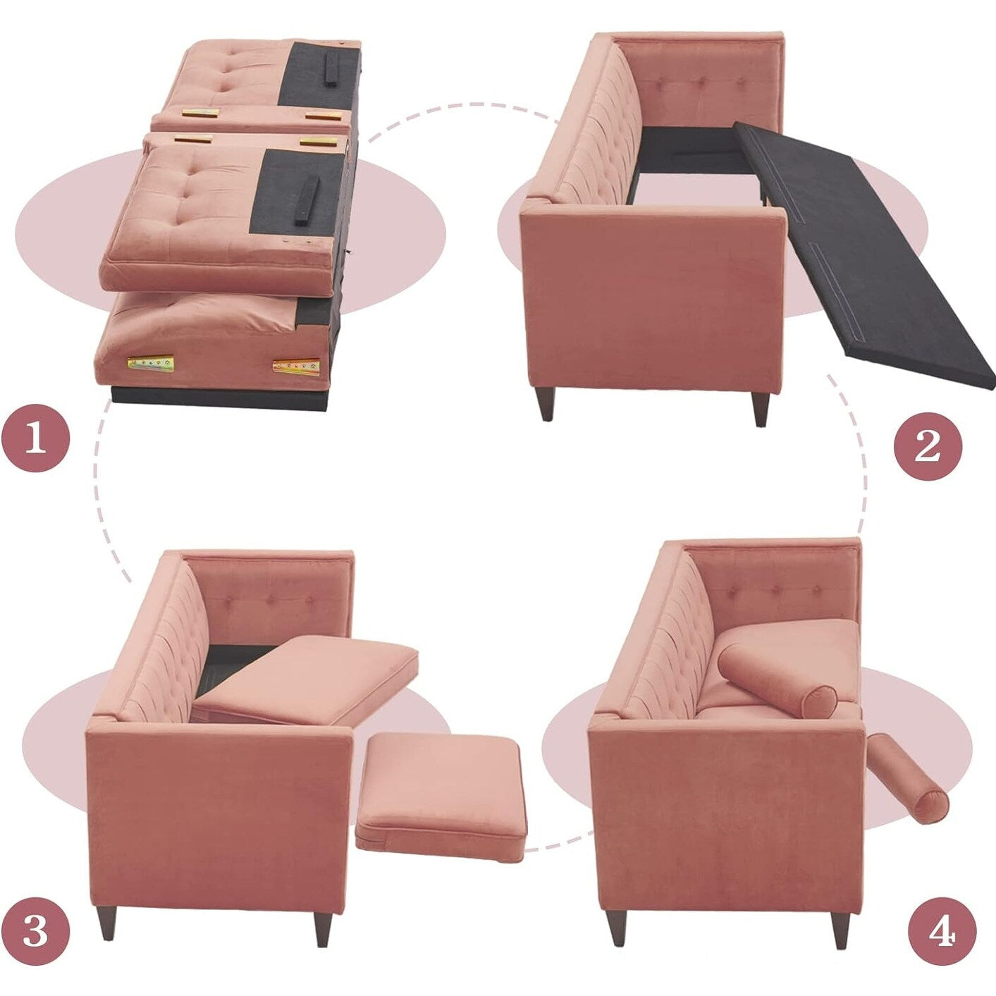 Divano a due posti in velluto con bottoni e cuscini di supporto