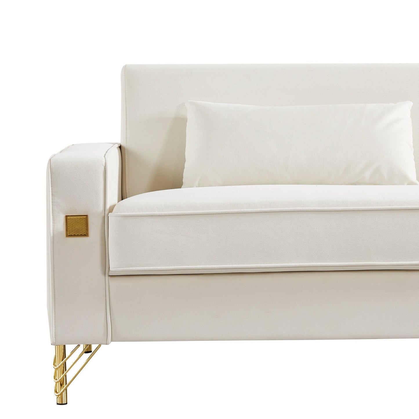 Divano a due posti moderno bianco 85.44 imbottito in velluto con gambe dorate e cuscini per soggiorno