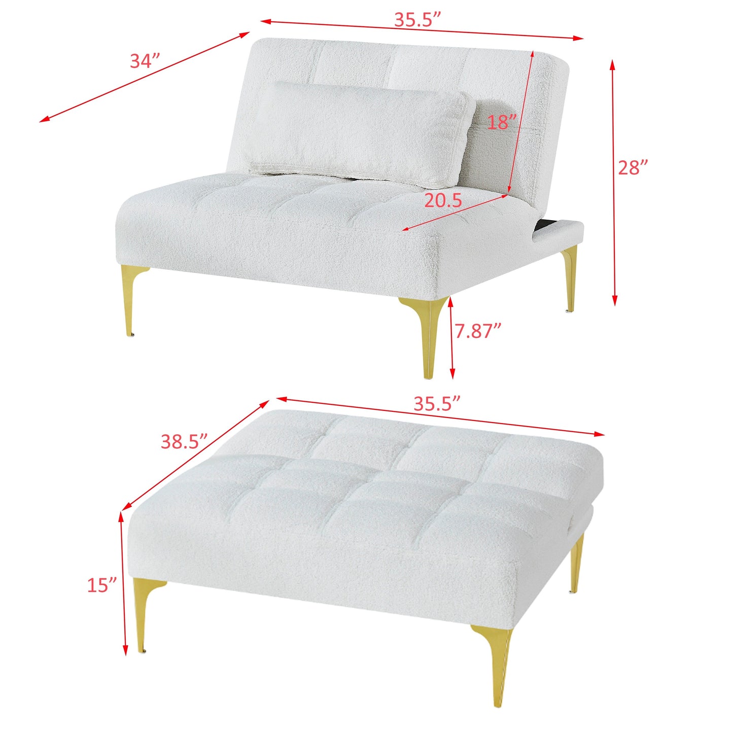 Divano letto singolo modulare in ciniglia Teddy bianco con struttura in legno