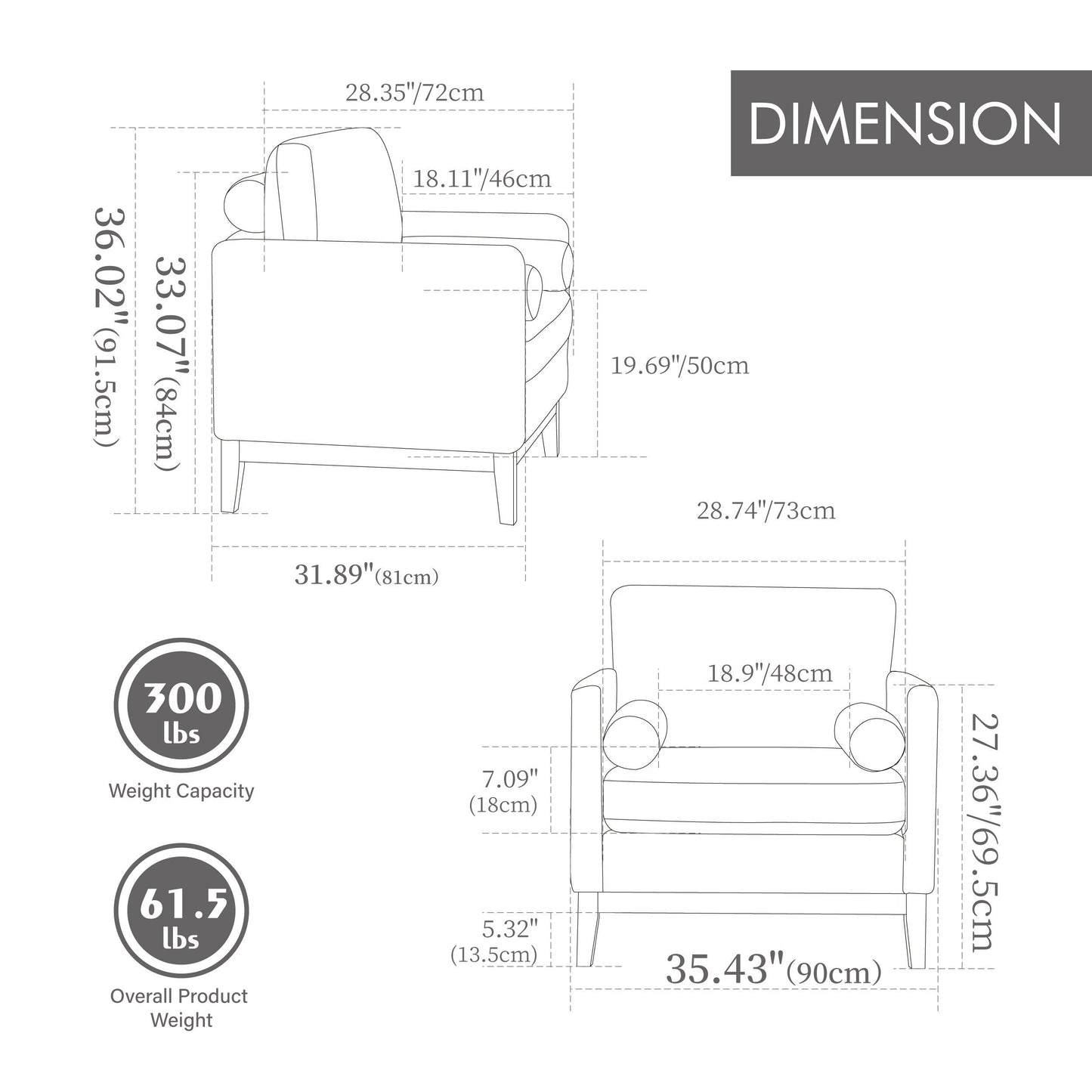 Ampia poltrona moderna in stile fattoria con gambe in legno naturale, poltrona singola con due cuscini di supporto