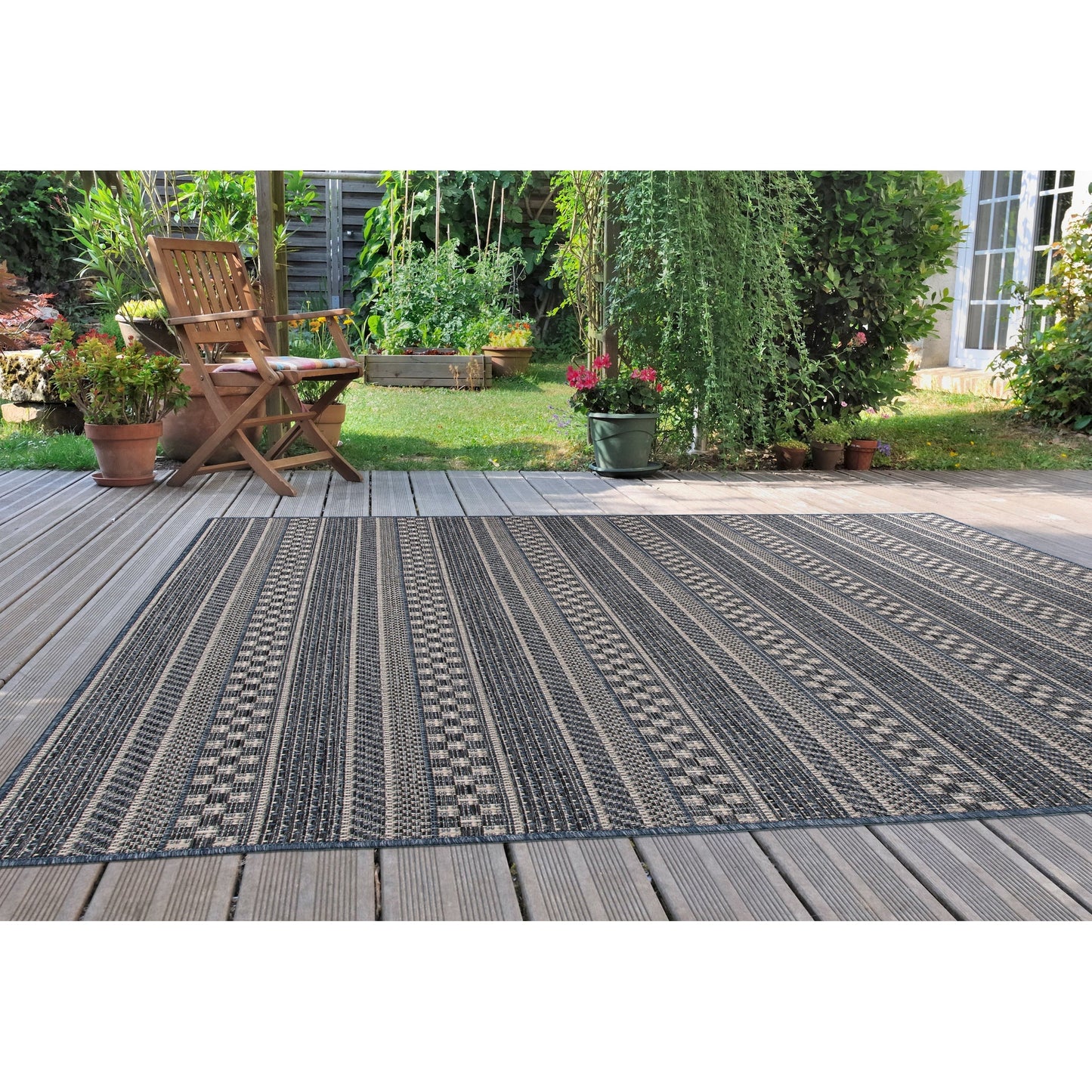 Tappeto per interni/esterni con strisce geometriche bohémien della World Rug Gallery