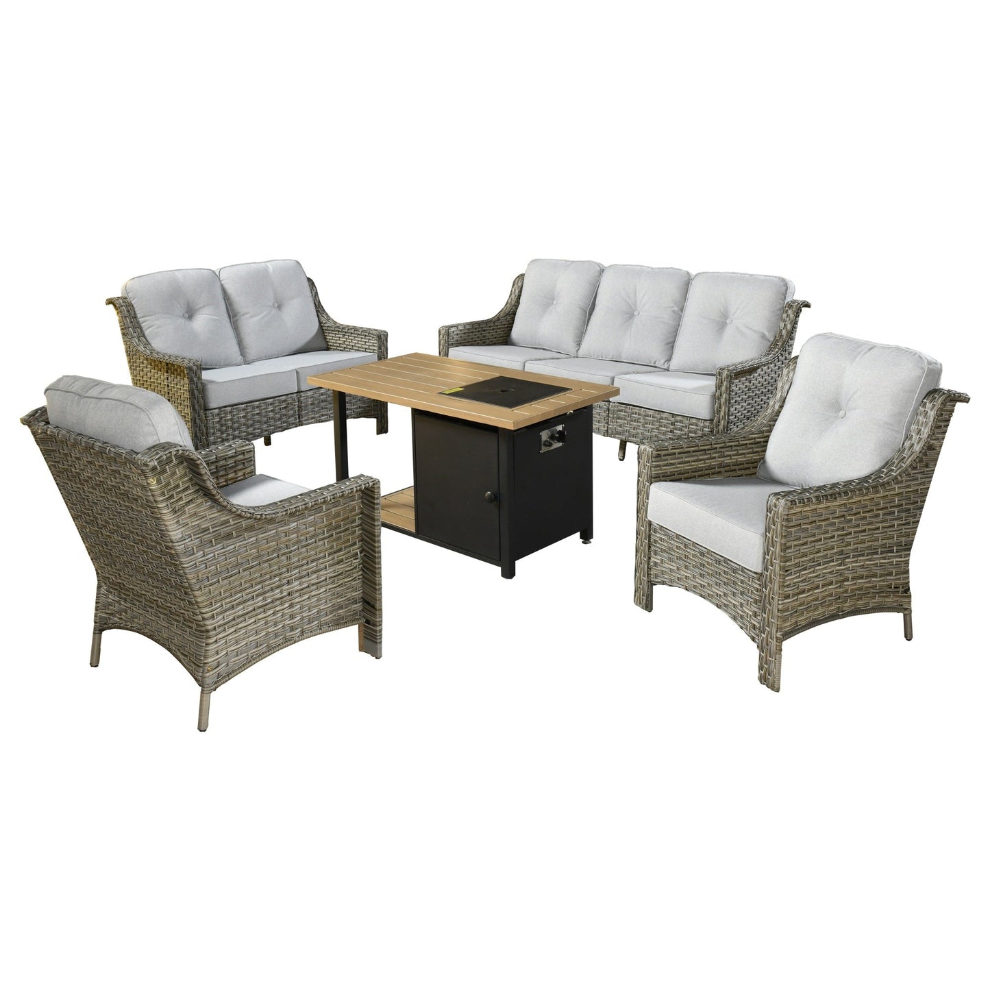 XIZZI Set di 5 divani da esterno in vimini con schienale alto e braciere per mobili da giardino