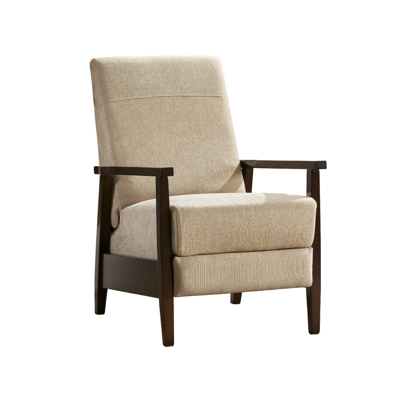 Poltrona reclinabile manuale Yahya, ergonomica in legno di caucciù marrone, tessuto beige sabbia