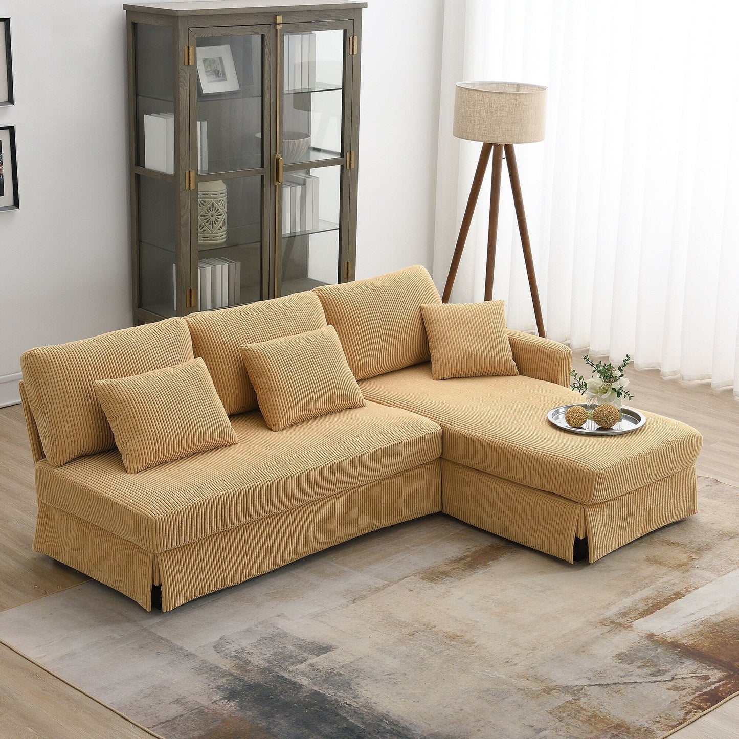 Divano a 3 posti a L giallo 87 con chaise longue reversibile e 3 cuscini, design salvaspazio per il soggiorno