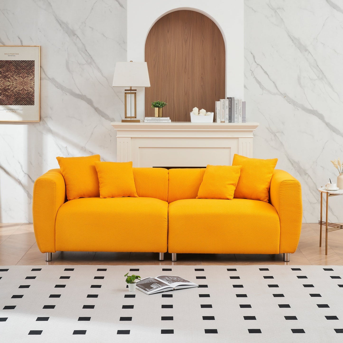 Divano a 3 posti in cotone e lino giallo 89 con gambe in metallo e struttura in legno massello per soggiorno