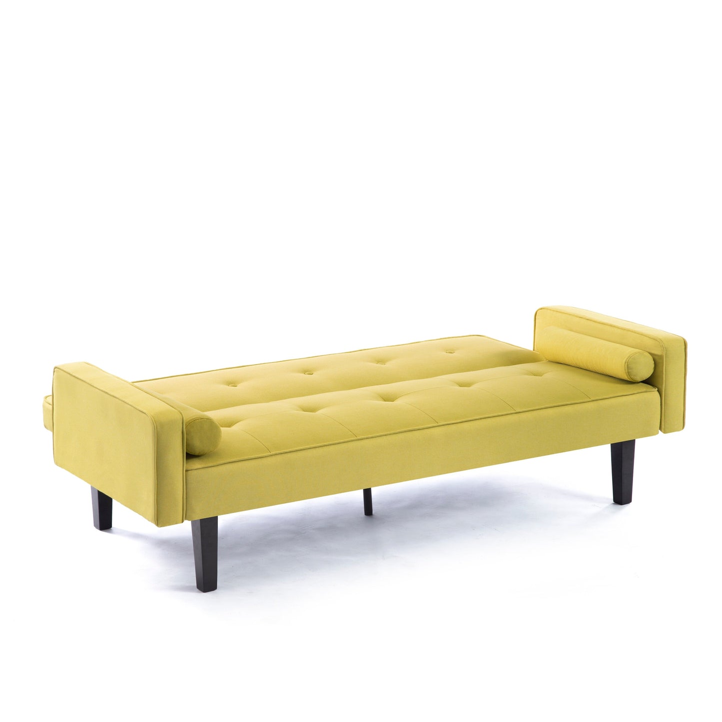 Divano letto futon convertibile giallo a 3 posti con gambe in legno