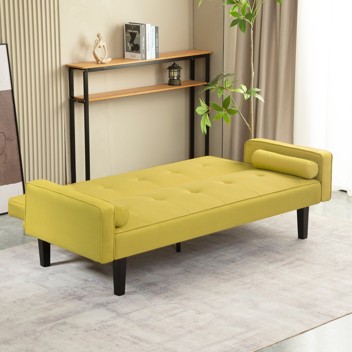 Divano letto futon convertibile giallo a 3 posti con gambe in legno