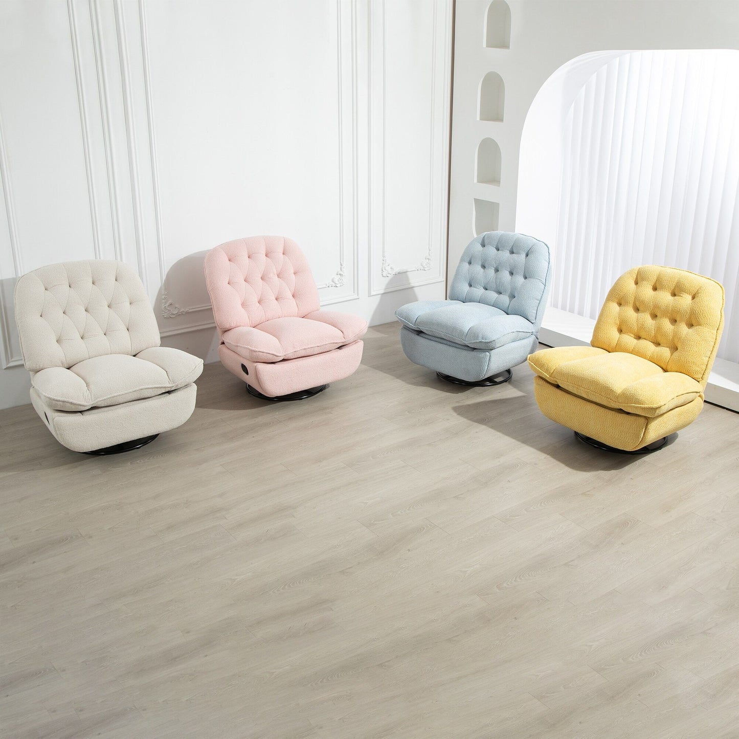 Poltrona reclinabile manuale girevole a 360° con rivestimento in ciniglia gialla di grandi dimensioni, poggiapiedi esteso e schienale imbottito