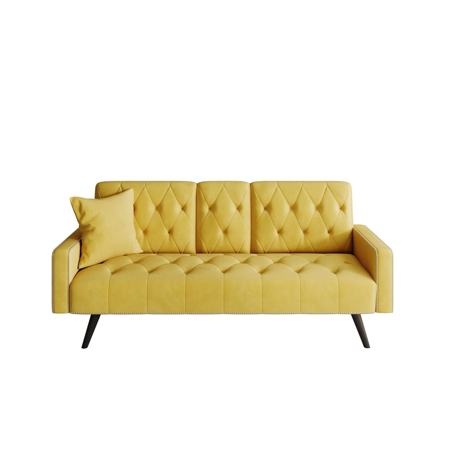 Divano letto a 3 posti in velluto giallo con borchie e portabicchieri