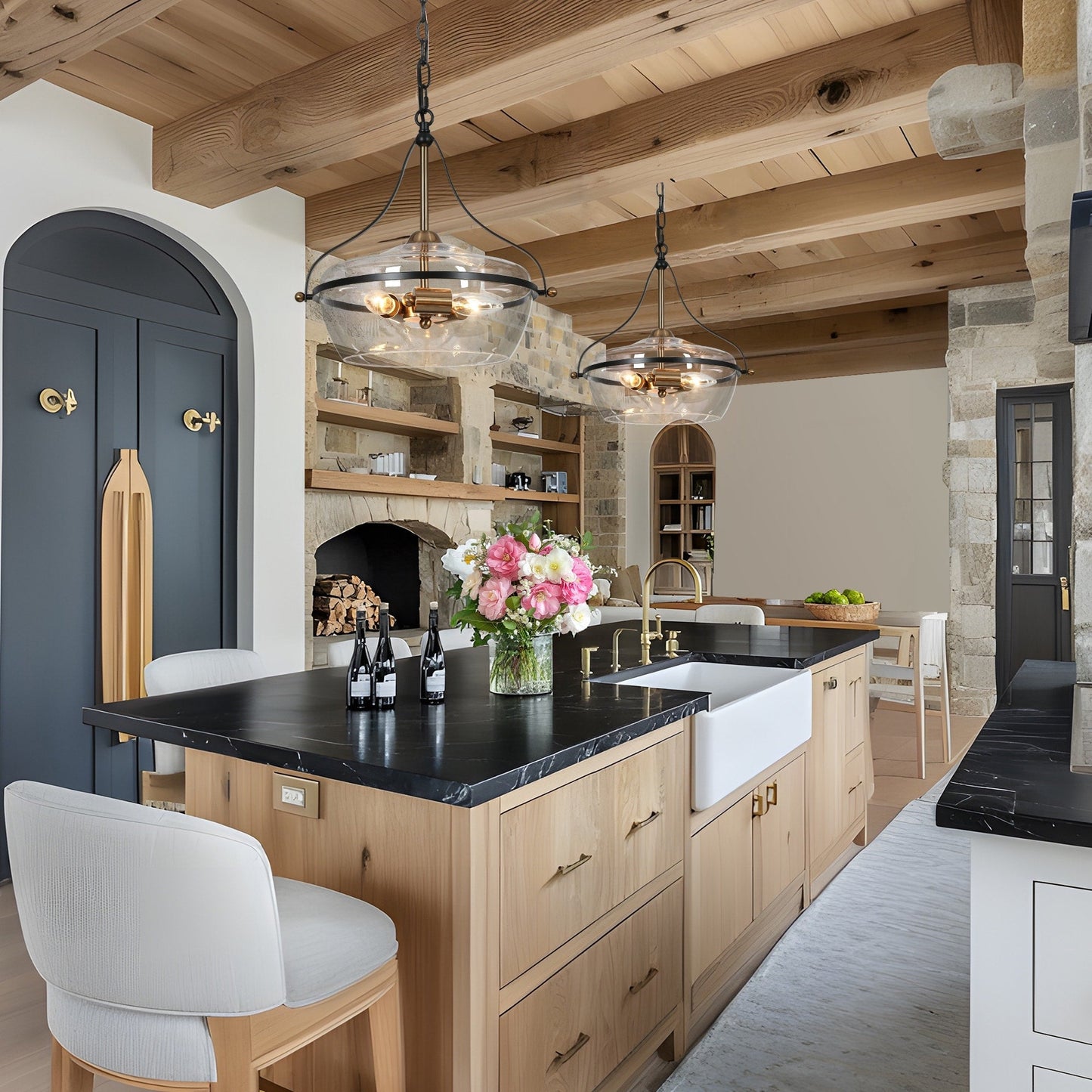 Lampadario Zelena Modern Farmhouse in vetro nero e oro a 3 luci per isola cucina sala da pranzo