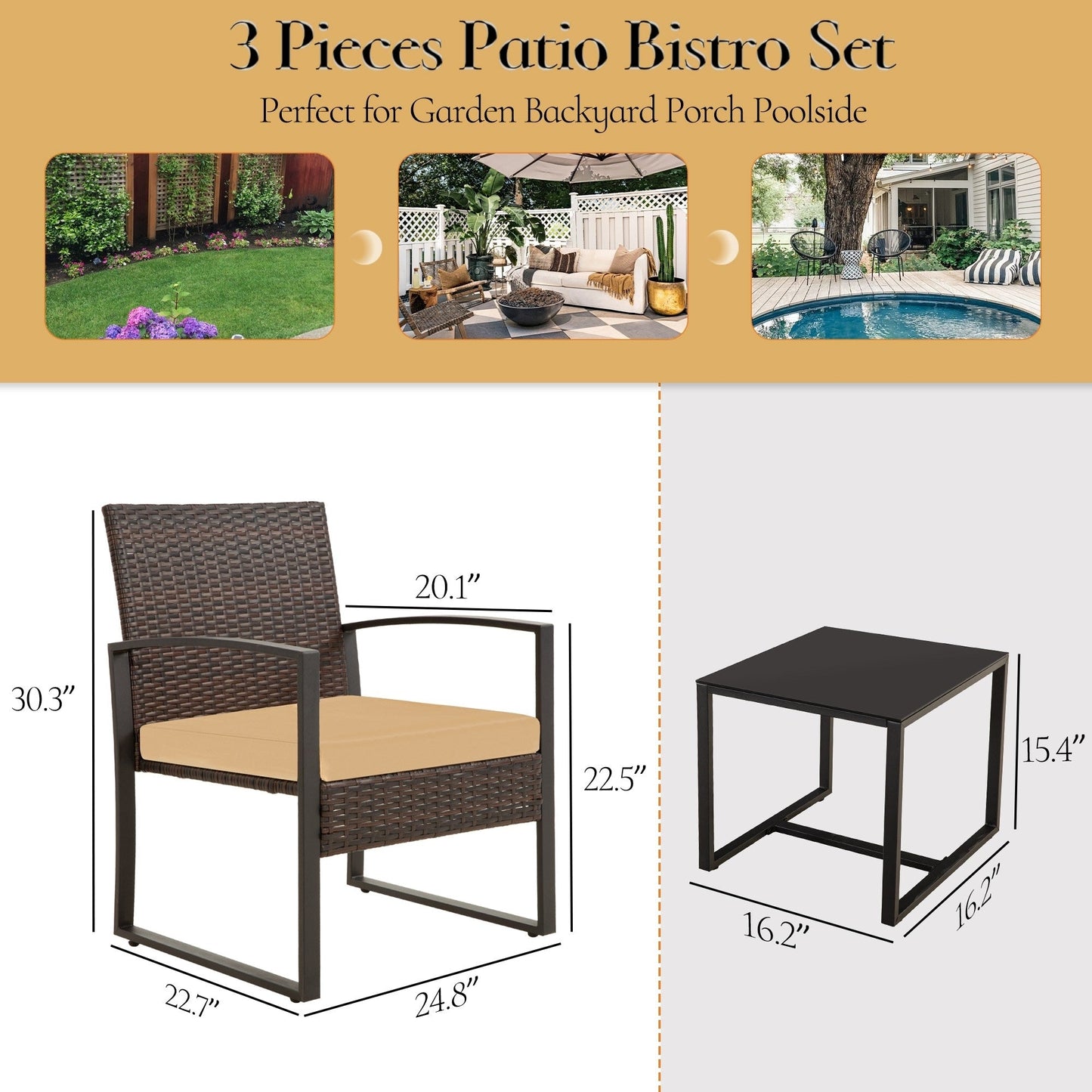 Set da giardino Zenova da 3 pezzi, tavolo e sedie in vimini, set da 2, mobili da balcone in rattan resistenti alle intemperie