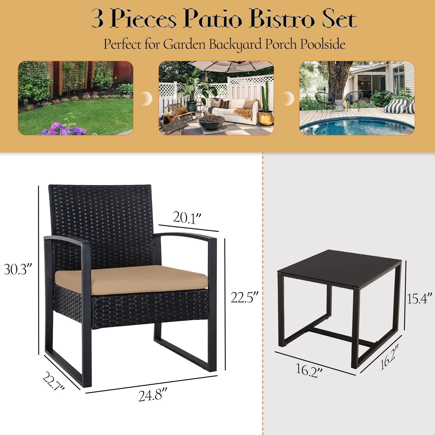Set da giardino Zenova da 3 pezzi, tavolo e sedie in vimini, set da 2, mobili da balcone in rattan resistenti alle intemperie