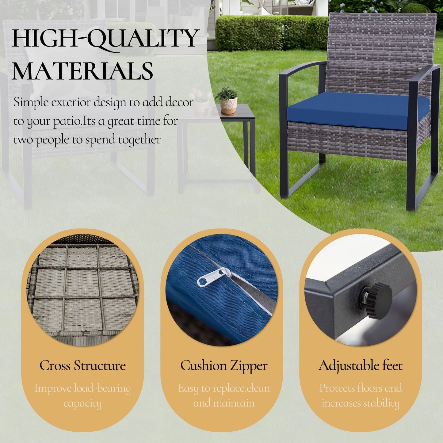 Set da giardino Zenova da 3 pezzi, tavolo e sedie in vimini, set da 2, mobili da balcone in rattan resistenti alle intemperie