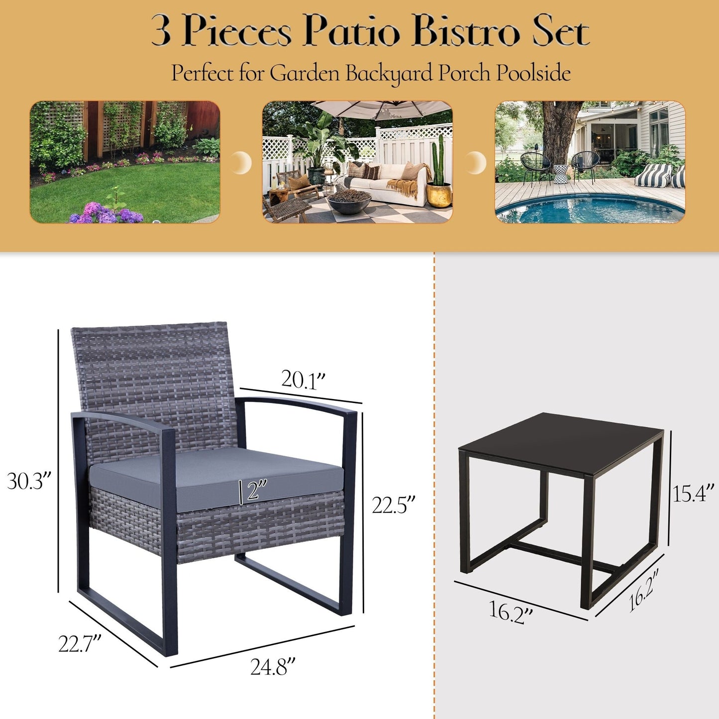 Set da giardino Zenova da 3 pezzi, tavolo e sedie in vimini, set da 2, mobili da balcone in rattan resistenti alle intemperie