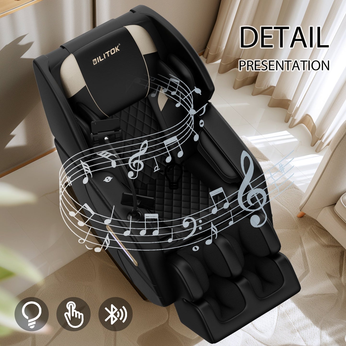 Poltrona reclinabile con massaggio a gravità zero, massaggio ad aria, riscaldamento e altoparlanti Bluetooth