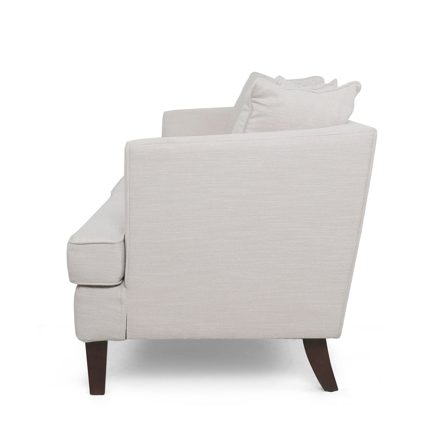 Divano a 3 posti Zuko da 74 pollici, tessuto beige, 5 cuscini decorativi, gambe in legno