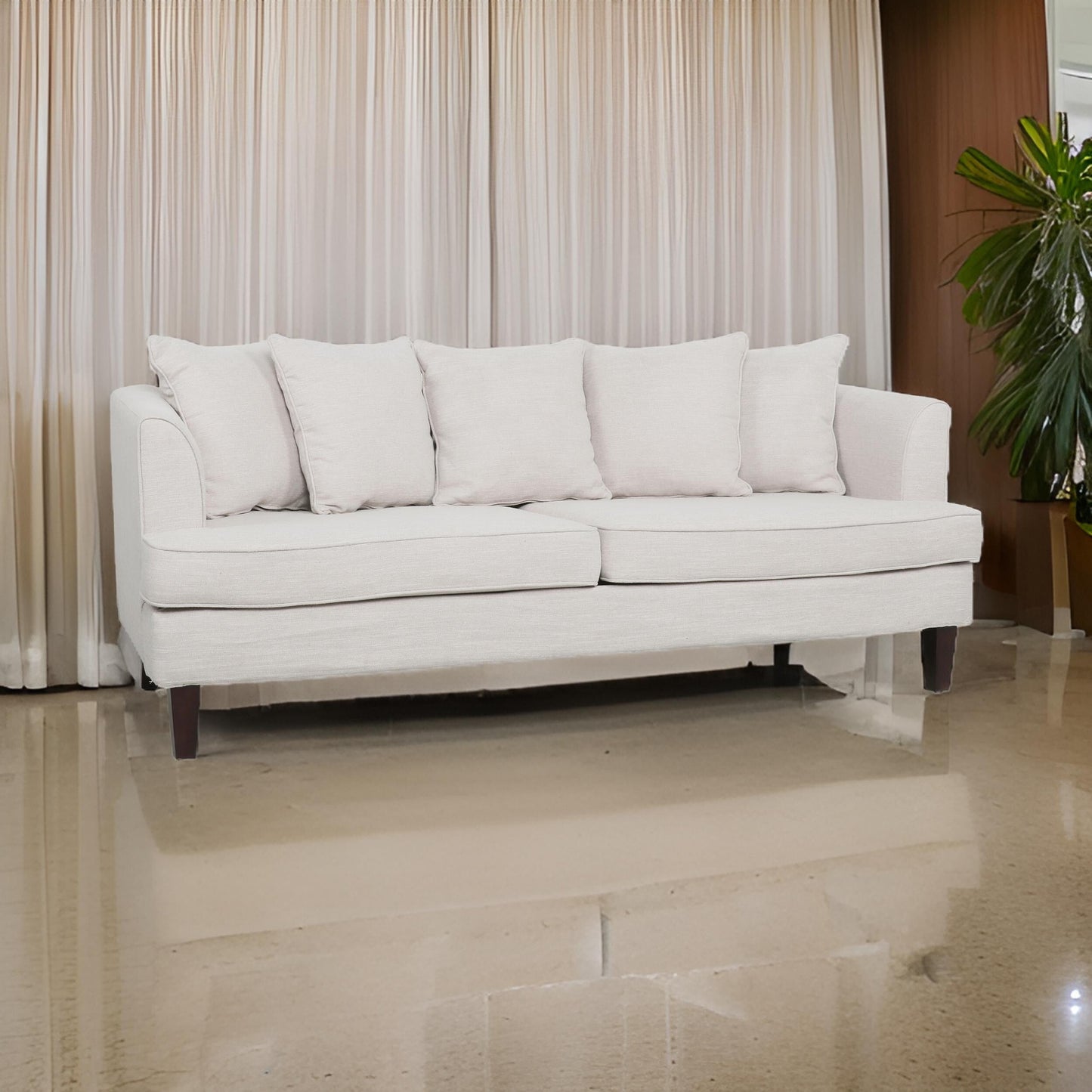 Divano a 3 posti Zuko da 74 pollici, tessuto beige, 5 cuscini decorativi, gambe in legno