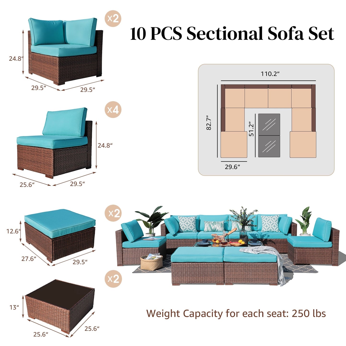 Set di divani componibili in vimini da 10 pezzi