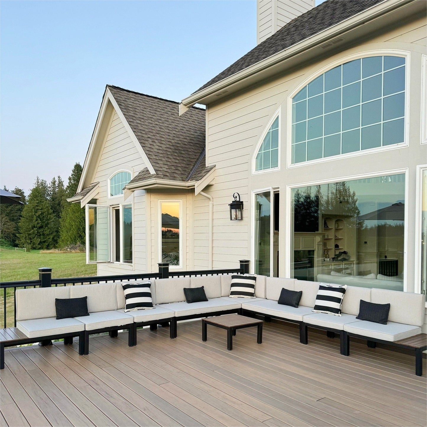 Set di divani componibili da giardino da 10 posti, struttura in acciaio con rivestimento E, set da conversazione con tavolino laterale incorporato, cuscino grigio