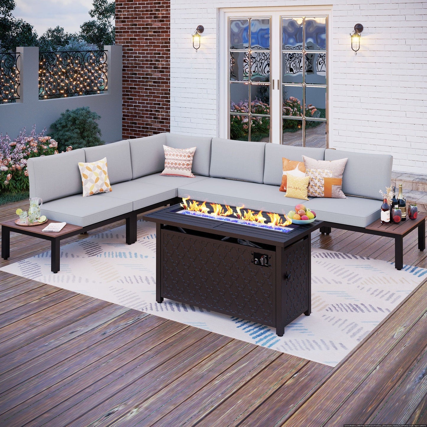 Set di divani componibili da giardino da 10 posti, struttura in acciaio con rivestimento E, set da conversazione con tavolino laterale incorporato, cuscino grigio