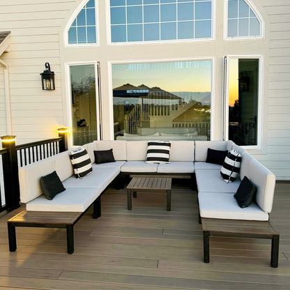 Set di divani componibili da giardino da 10 posti, struttura in acciaio con rivestimento E, set da conversazione con tavolino laterale incorporato, cuscino grigio