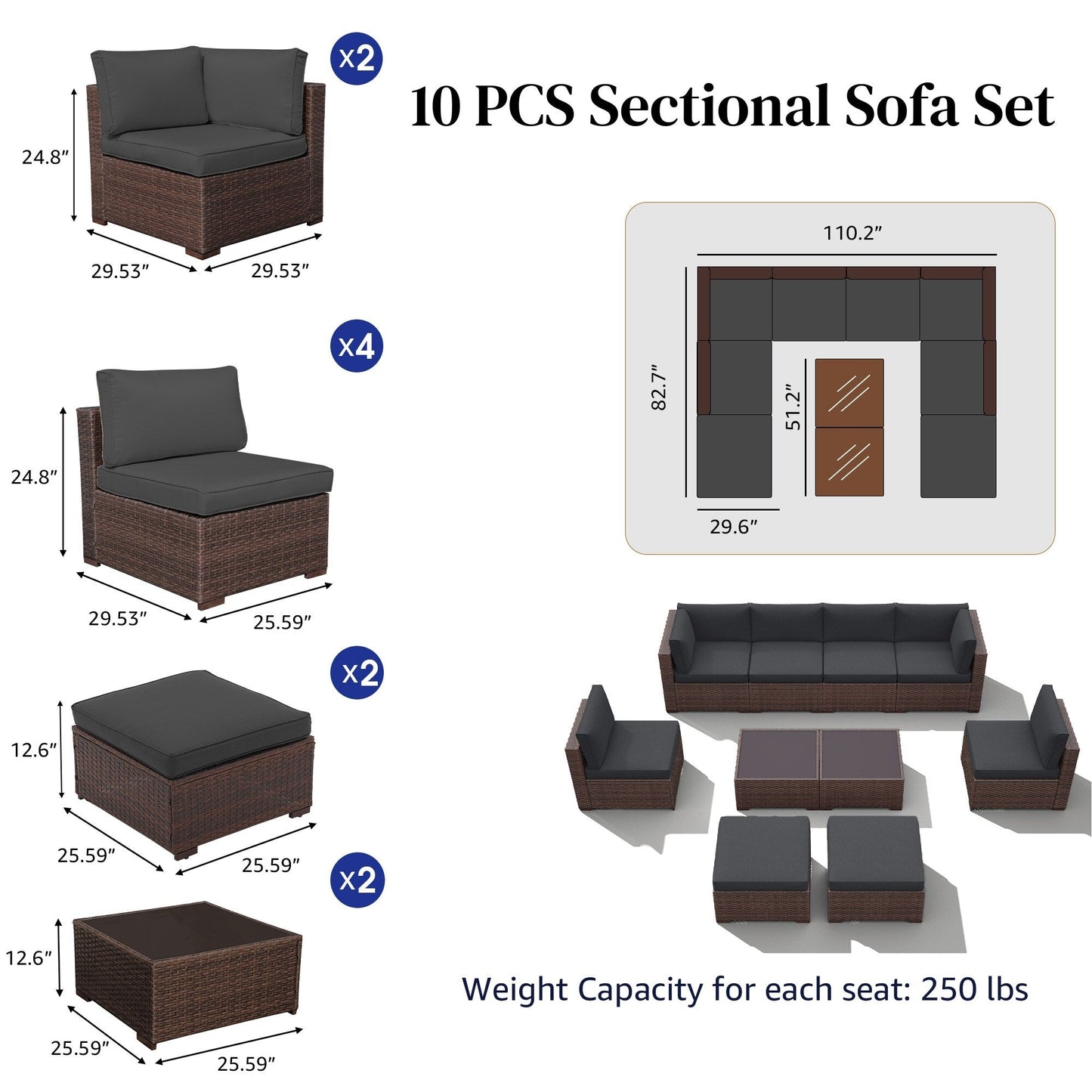 Set di divani componibili in vimini da 10 pezzi