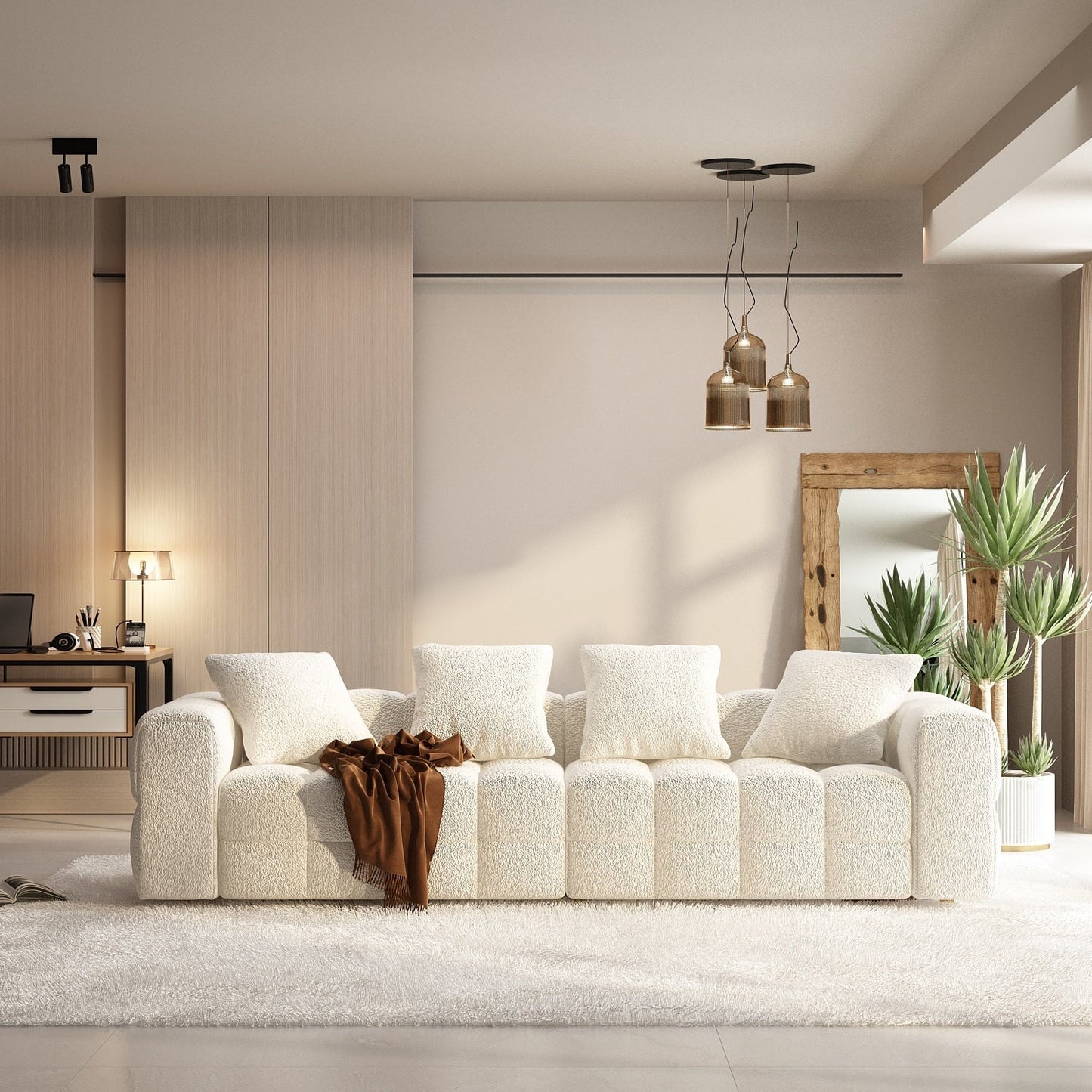 Divano Teddy in velluto bianco con struttura in legno da 100,8 W, per 4 persone