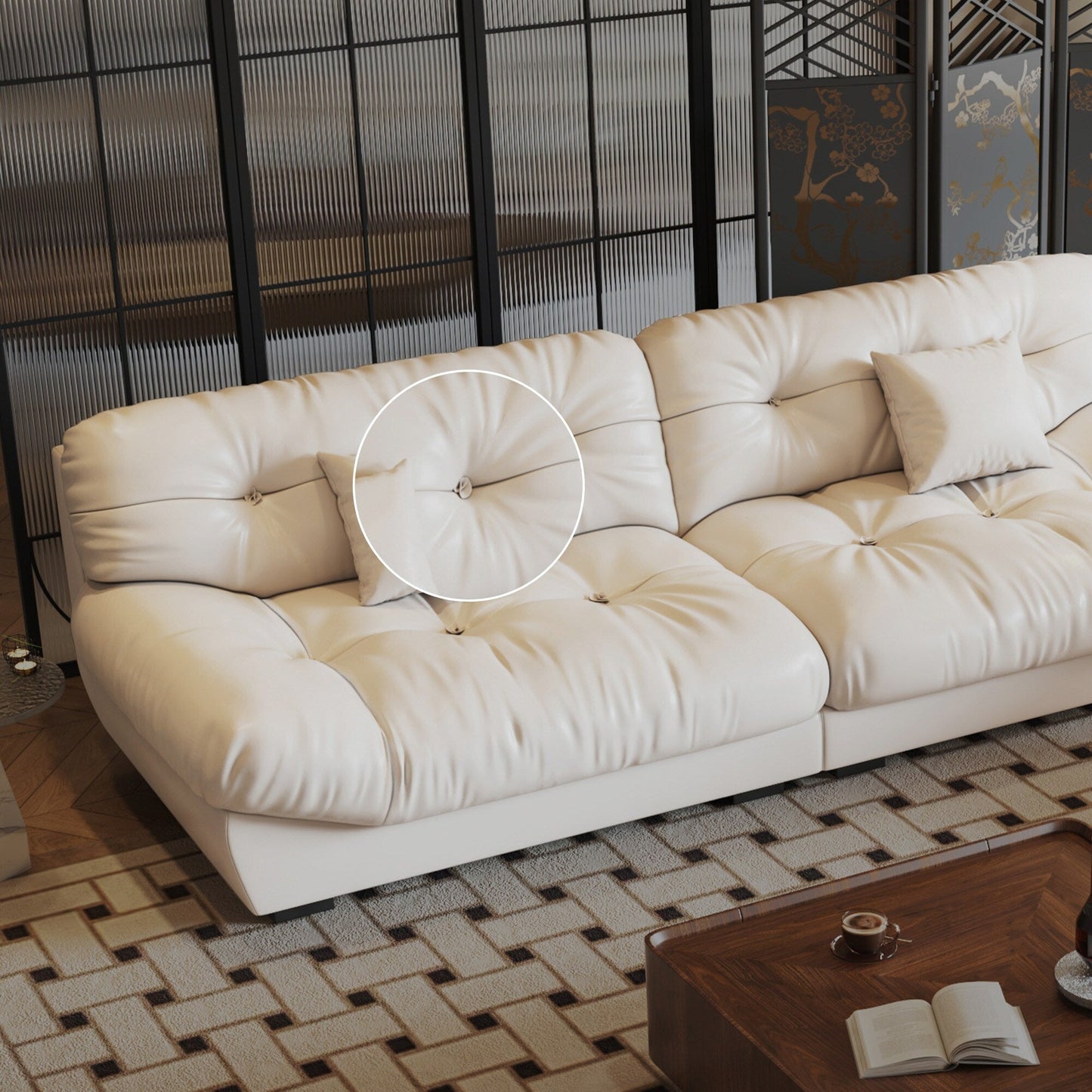 Divano in pelle e piume Mid-Century a 3 posti 102.4 - 110,2 x 31,9