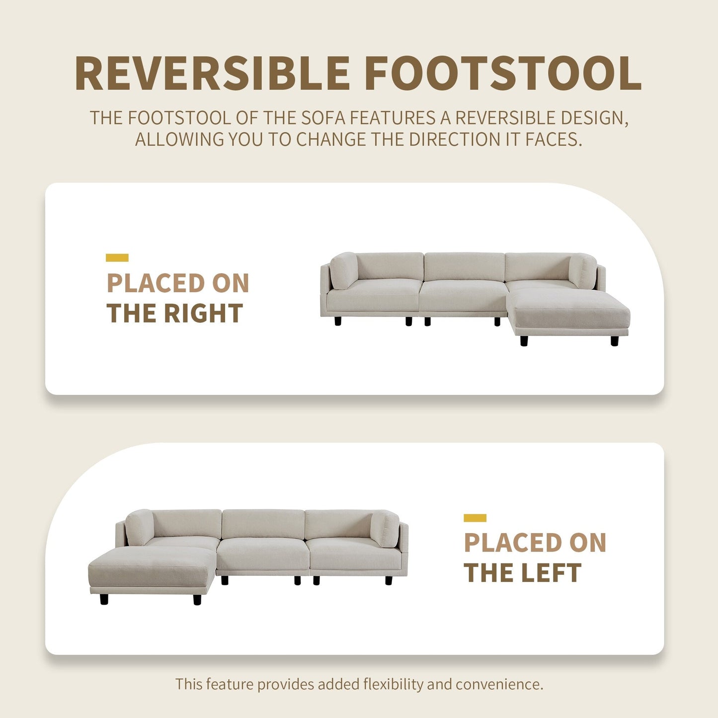 Divano componibile a L in poliestere 102.4 con poggiapiedi reversibile, cuscini spessi e gambe in plastica